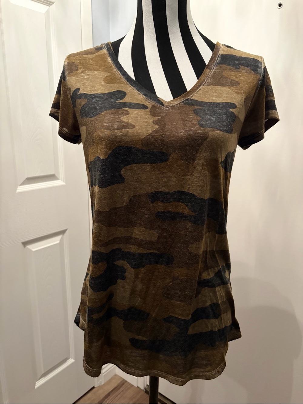 Lucky Brand Olive and Black Camo V-Neck Short Sleeve Tee